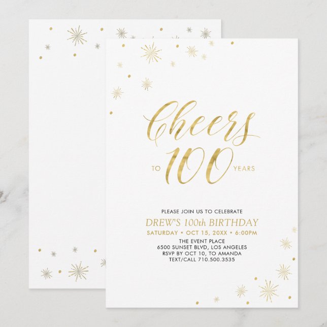Cheers to 100 | Gold & White 100th Birthday Party Invitation (Front/Back)