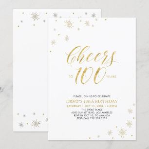 Cheers to 100 Gold & White 100th Birthday Party Invitation