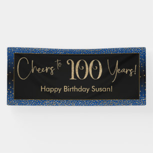 Cheers to 100 Years Birthday, Blue Gold Black Banner