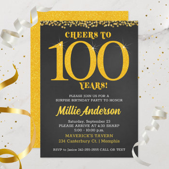 Cheers To 100 Years Birthday Gold Black Hundredth Invitation by allpetscherished at Zazzle