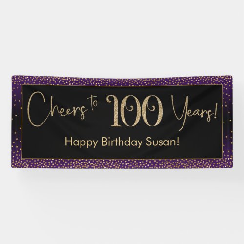 Cheers to 100 Years Birthday Purple Gold Black Banner