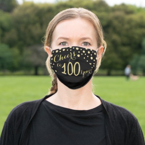 Cheers to 100 Years Black and Gold Glitter Adult Cloth Face Mask