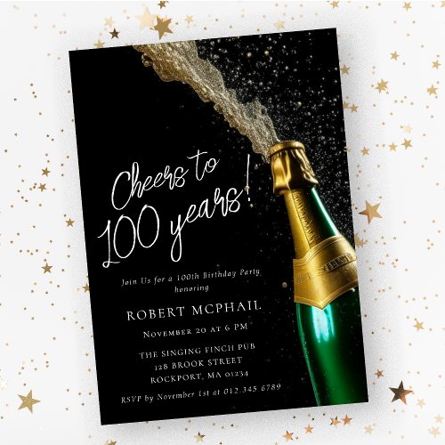 Cheers to 100 Years Champagne Bottle Birthday Invitation