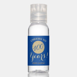 Cheers to 100 Years Deep Blue and Gold Glitter Hand Sanitizer