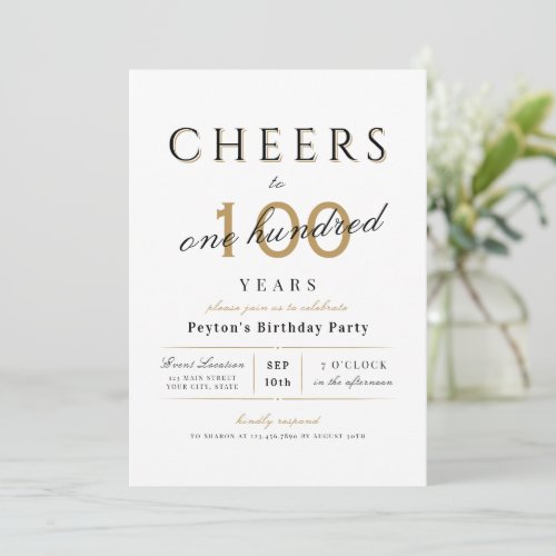 Cheers to 100 years elegant modern classy birthday invitation
