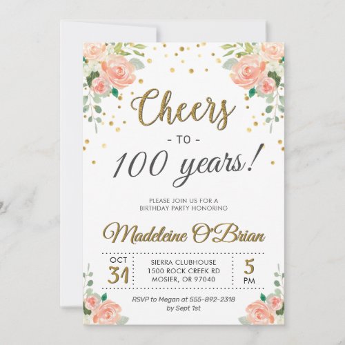 Cheers to 100 Years Floral Ladies Birthday Party Invitation