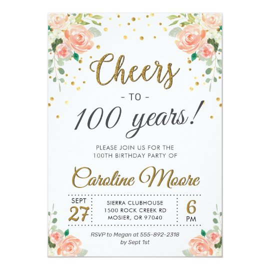 Cheers to 100 Years Ladies 100th Birthday Party Invitation | Zazzle.com