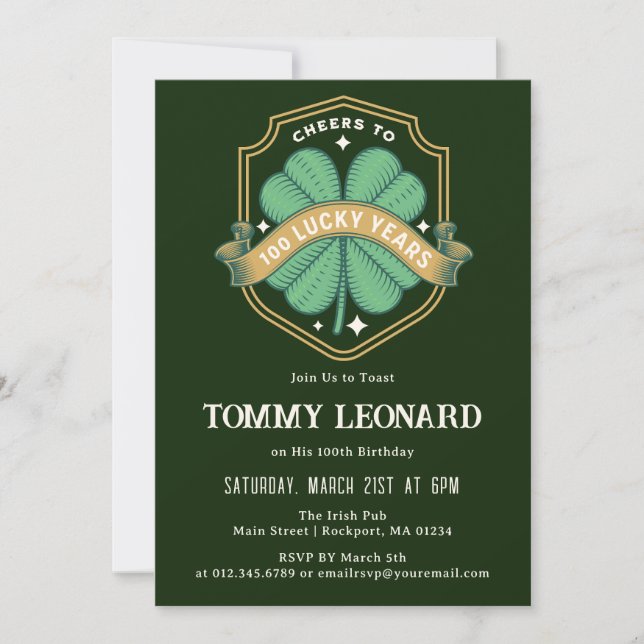 Cheers to 100 Years Lucky Shamrock Birthday Invitation (Front)