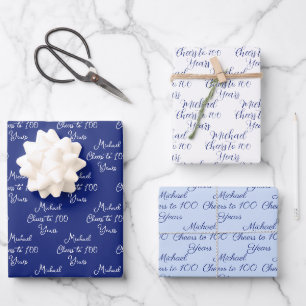 Cheers to 100 Years Navy Light Blue 100th Birthday Wrapping Paper Sheets