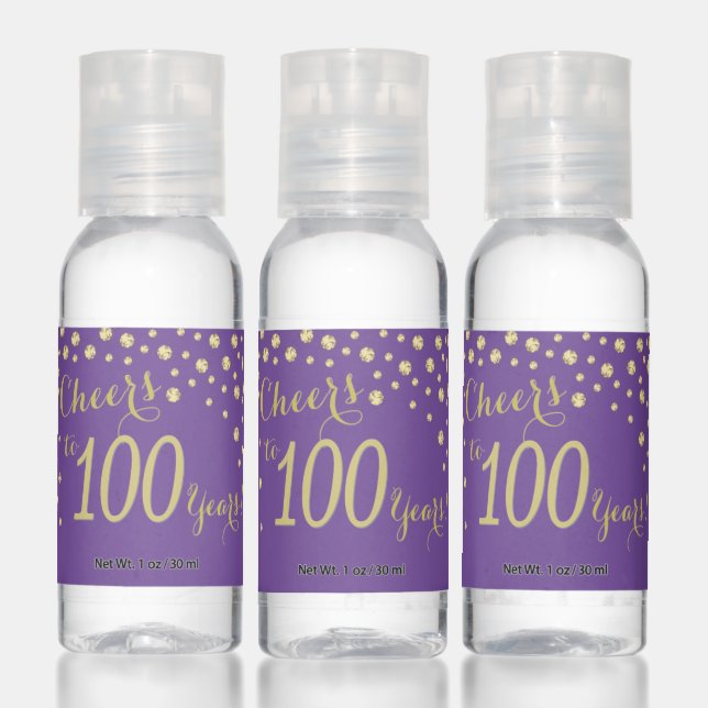 Cheers to 100 Years Purple and Gold Diamond Hand Sanitizer (Set)