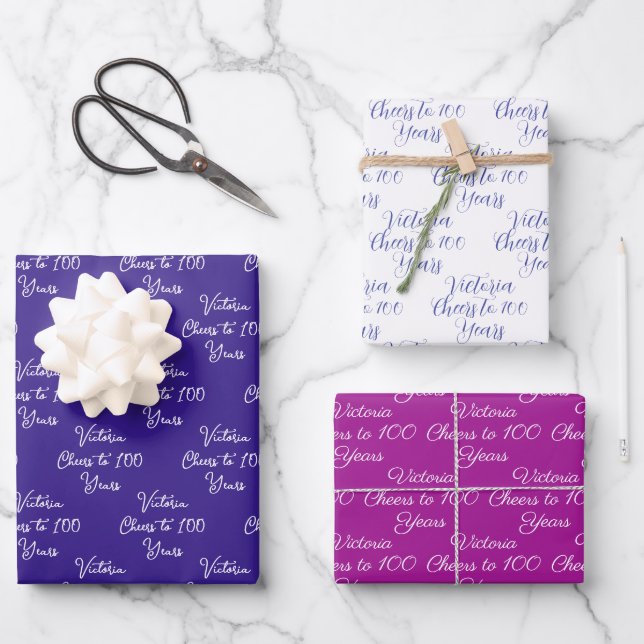 Cheers to 100 Years Purple Magenta 100th Birthday Wrapping Paper Sheets (Front)
