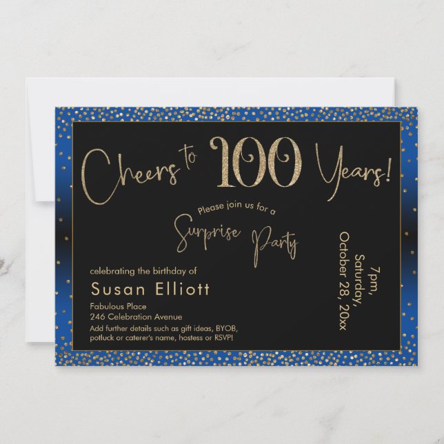 Cheers to 100 Years Surprise Birthday, Blue Invitation (Front)
