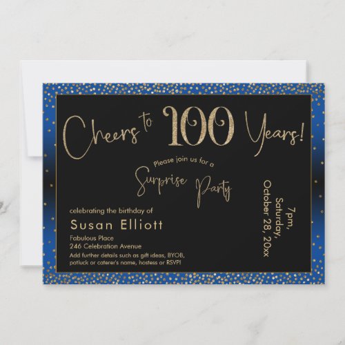 Cheers to 100 Years Surprise Birthday Blue Invitation