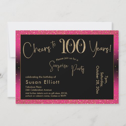 Cheers to 100 Years Surprise Birthday Deep Pink Invitation