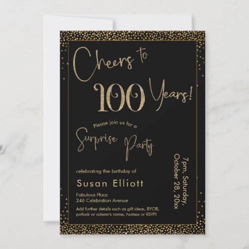 Cheers to 100 Years Surprise Birthday Party Black Invitation