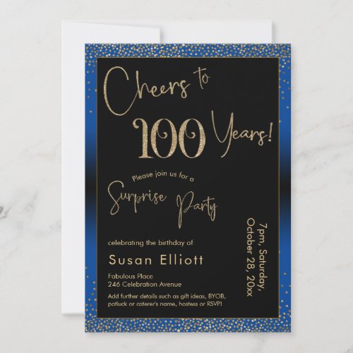 Cheers to 100 Years Surprise Birthday Party Blue Invitation