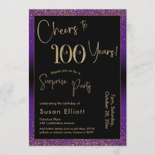 Cheers to 100 Years Surprise Birthday Party Purple Invitation