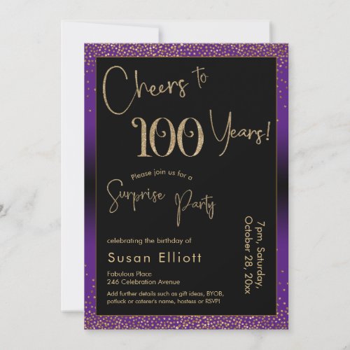 Cheers to 100 Years Surprise Birthday Party Purple Invitation