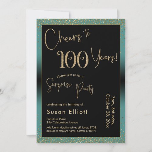 Cheers to 100 Years Surprise Birthday Party Teal Invitation