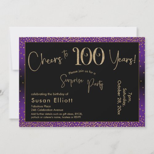 Cheers to 100 Years Surprise Birthday Purple Invitation