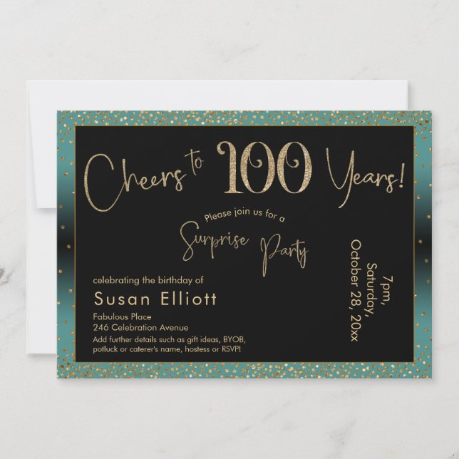 Cheers to 100 Years Surprise Birthday Teal & Gold Invitation (Front)