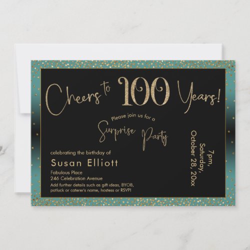 Cheers to 100 Years Surprise Birthday Teal  Gold Invitation
