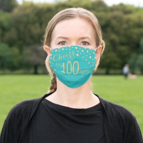 Cheers to 100 Years Teal Turquoise Gold Glitter Adult Cloth Face Mask