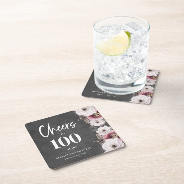 Cheers to 100th Birthday Square Paper Coaster (Insitu)