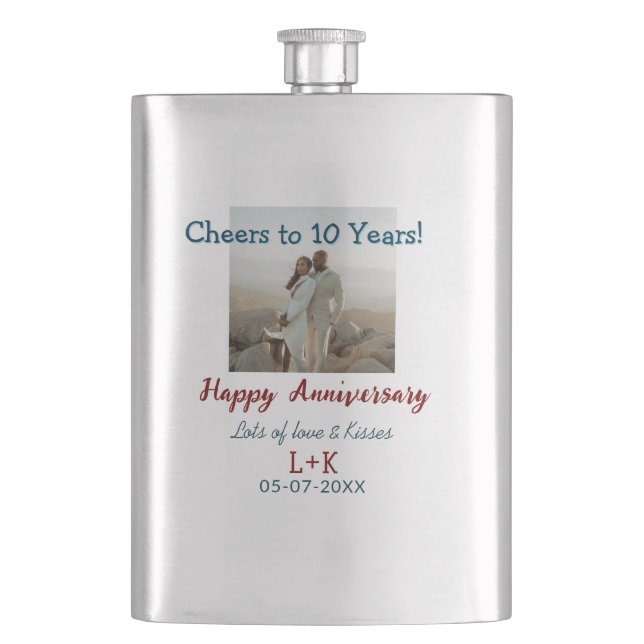 Cheers to 10 Years happy anniversary add photo dat Flask (Front)