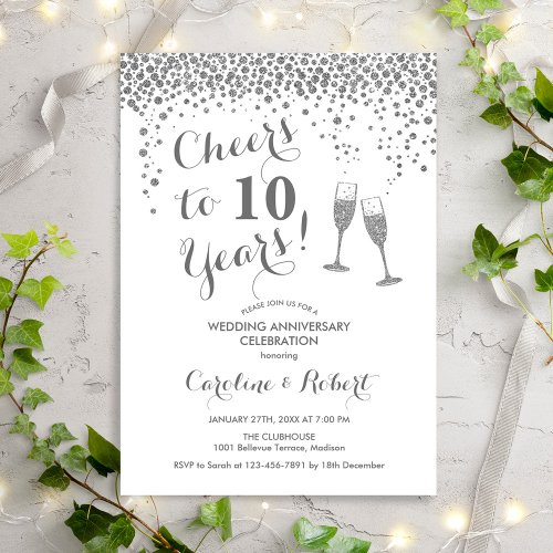 Cheers to 10th Anniversary _ Silver White Invitation