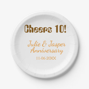 Cheers to 10th wedding anniversary brown orange paper plates