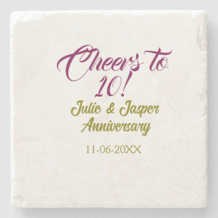 Cheers to 10th wedding anniversary mauve golden na stone coaster