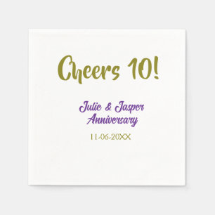Cheers to 10th wedding anniversary purpl golden na napkins