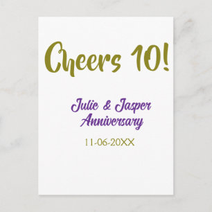 Cheers to 10th wedding anniversary purpl golden na postcard