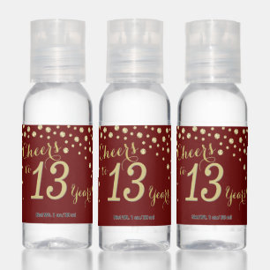 Cheers to 13 Years Burgundy Red and Gold Diamond Hand Sanitizer