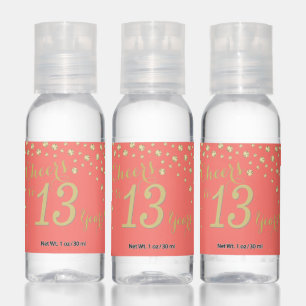 Cheers to 13 Years Coral and Gold Diamond Hand Sanitizer