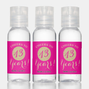 Cheers to 13 Years Hot Pink and Gold Glitter Hand Sanitizer