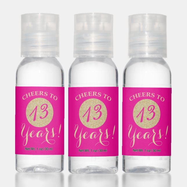 Cheers to 13 Years Hot Pink and Gold Glitter Hand Sanitizer (Set)