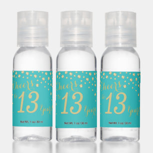 Cheers to 13 Years Teal Turquoise and Gold Diamond Hand Sanitizer