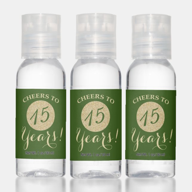 Cheers to 15 Years Green and Gold Glitter Hand Sanitizer (Set)