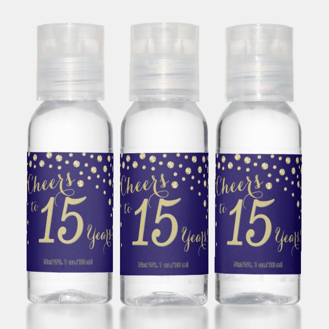 Cheers to 15 Years Navy Blue and Gold Diamond Hand Sanitizer (Set)