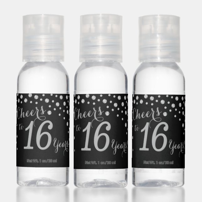 Cheers to 16 Years Black and Silver Diamond Hand Sanitizer (Set)