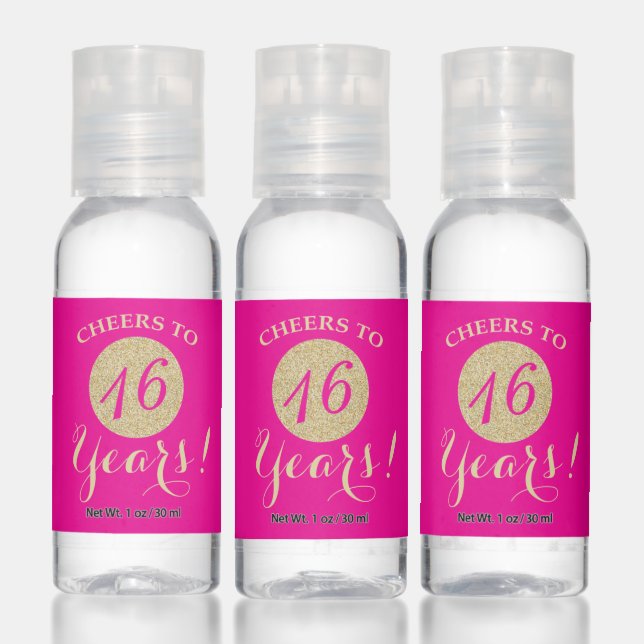 Cheers to 16 Years Hot Pink and Gold Glitter Hand Sanitizer (Set)