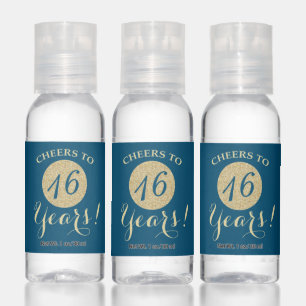 Cheers to 16 Years Ocean Blue and Gold Glitter Hand Sanitizer