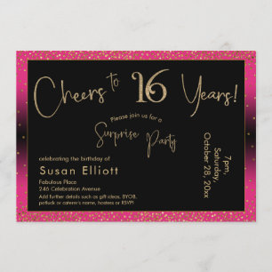 Cheers to 16 Years Surprise Birthday, Deep Pink Invitation