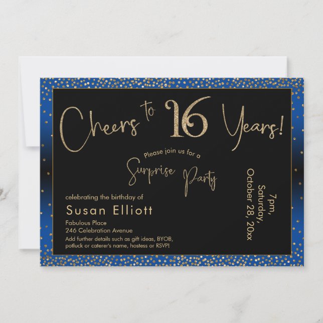 Cheers to 16 Years Surprise Birthday Gold & Blue Invitation (Front)