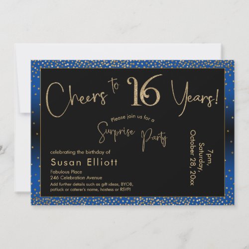 Cheers to 16 Years Surprise Birthday Gold  Blue Invitation
