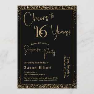 Cheers to 16 Years Surprise Birthday Party Black Invitation