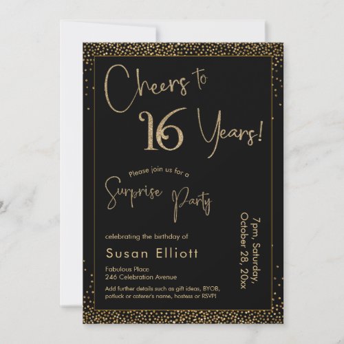 Cheers to 16 Years Surprise Birthday Party Black Invitation