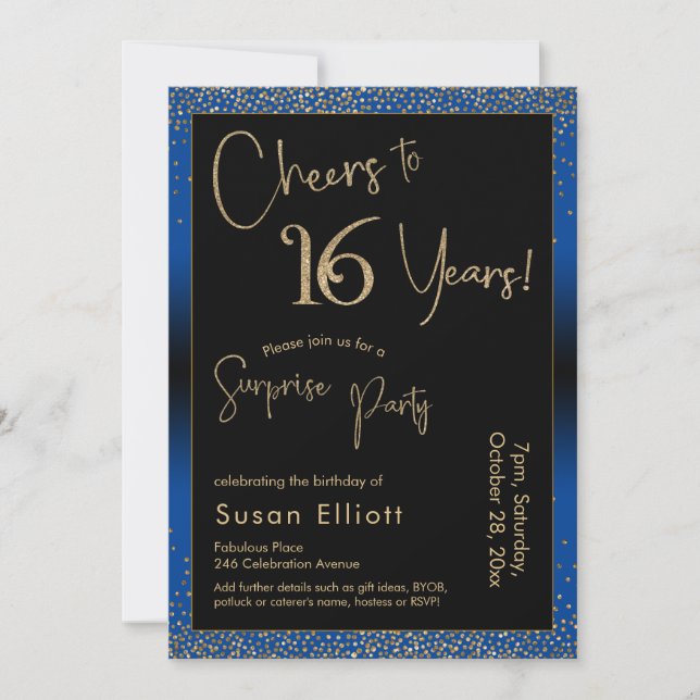 Cheers to 16 Years Surprise Birthday Party Blue Invitation (Front)